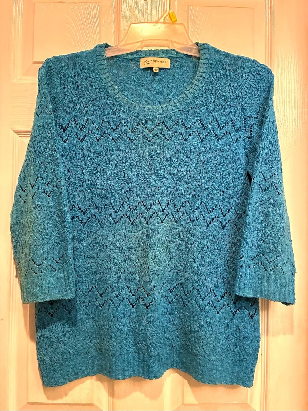 Jones New York Teal-Blue Openwork Crewneck Sweater